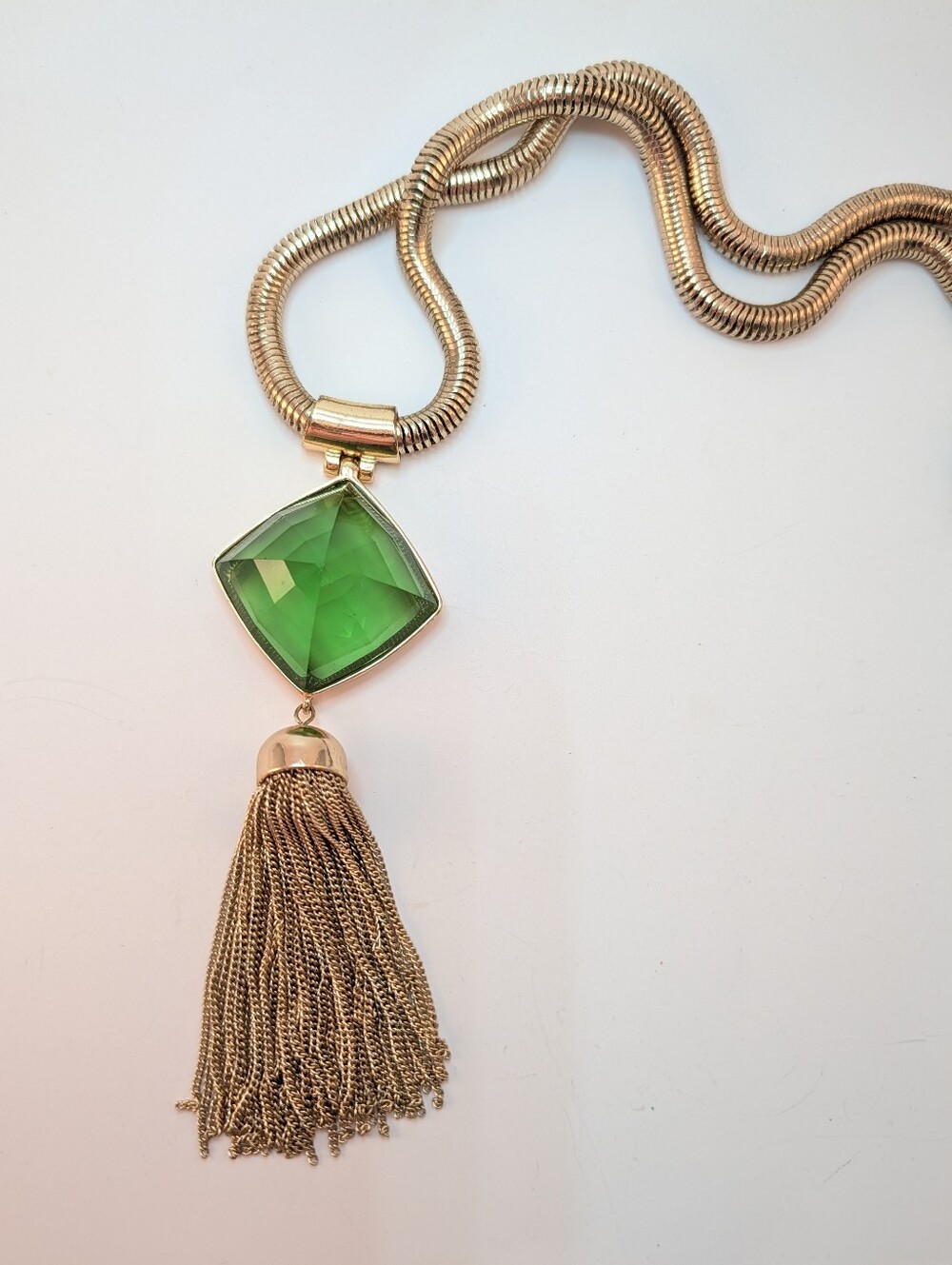 Anne Klein Vintage Gold-Tone Necklace with Green Pendant and Tassel - Picture 2 of 13